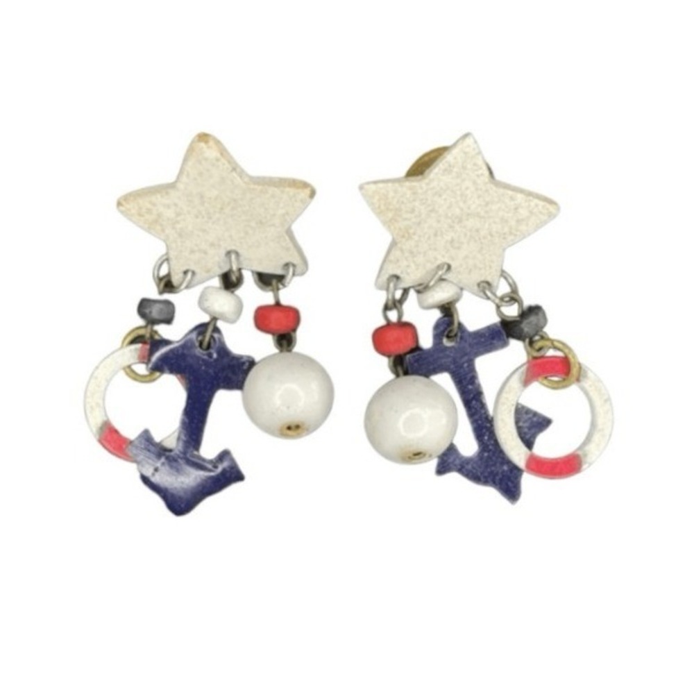Vintage 80s Nautical Earrings Red White‎ Blue Wood Dangle Pierced Anchor Sailor